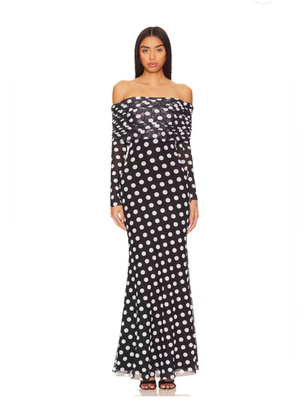 AFRM Black and White Polka Dot Off-Shoulder Maxi Dress
